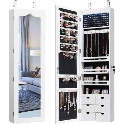COSTWAY Armario para Joyas con Espejo,Iluminación LED,6 Cajone,Cerradura Estante para Joyero Organizador Montar en Puerta y Pared Blanco (1/5)