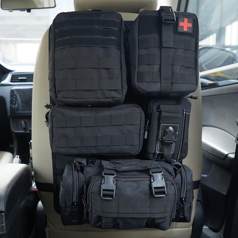 Organiseur tactique universel pour siège arrière de véhicule avec 5 pochettes Molle amovibles pour tous les véhicules tels que Jeep, camion, SUV, voiture, Ford, Chevy, etc