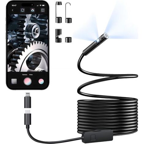 Caméra endoscopique double objectif avec éclairage. endoscope HD 1920p avec 8 + 1 LED réglables. étanche IP67. câble serpent semi-rigide de 5 m. pour iPhone. iPad et Android (type C)