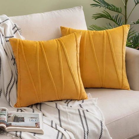 Lot de 2 Housse de Coussin, 45x45 cm Decoratifs pour Canapes, en Velours Moelleux, avec Rayures Décoratives,Jaune (1/5)