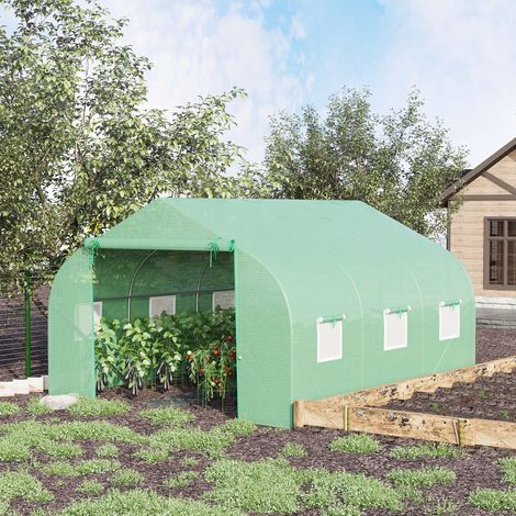 Outsunny 10,5 m² Gartentunnel-Gewächshaus, Abmessungen 3,5 m x 3 m x 2 m, mit Tür und 6 aufrollbaren Fenstern, verzinktem Stahlrahmen, hochdichter PE-Folie, grün