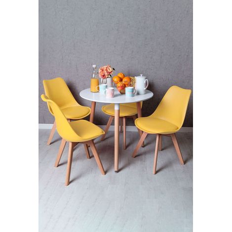 Conjuntos de mesa y sillas - Conjunto Mesa Tower Redonda 80 cm Blanca y Pack 4 Sillas Synk Basic - Amarillo