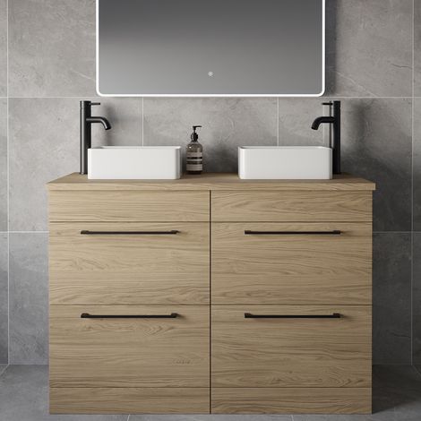 Napoli 460 Light Oak 1200mm 4 Drawer Vanity Unit for Countertop Basins - 1200mm - Matt Black 320mm Handle