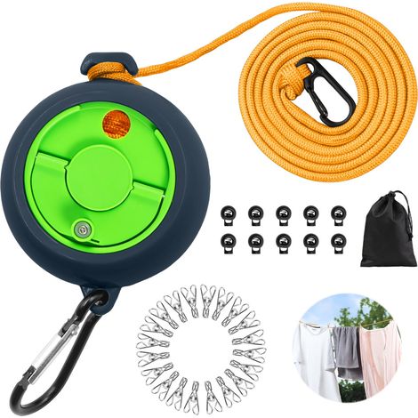 Corde a Linge Retractable 10m, Fil a Linge Extérieur Retractable, Portable Corde à Linge Voyage avec 10 Boucles Fixes et 20 Pinces Coupe‑Vent pour Camping, Salle de Bain, Jardin, Hôtel, Bleu (1/5)