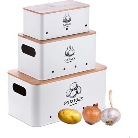 Boîte De Rangement - Métal Inoxydable Avec Couvercle En Bambou - Pour Pommes De Terre Oignons Ail - Lot De 3 (1/5)