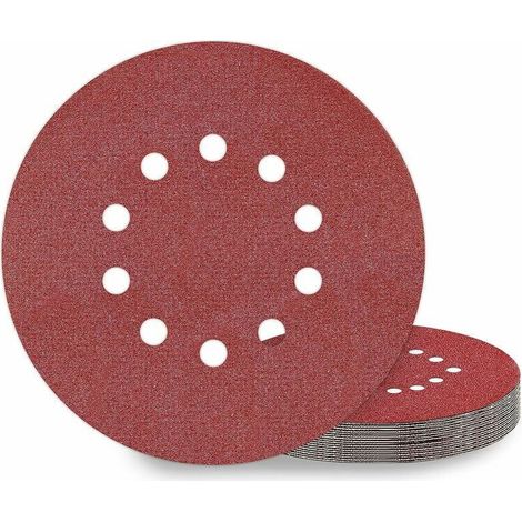 Pack of 10 225mm sanding discs, P100 grit, with 10 holes, for use on drywall sanders and giraffe sanders.