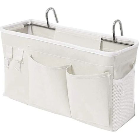 Organizador de cama, bolsa de almacenamiento con ganchos de tornillo, bolsa para colgar en literas, ideal para libros, revistas, teléfonos móviles y auriculares (blanco).