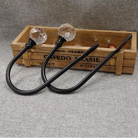 Set of 2 black curtain tiebacks, hooks with crystal ball for drapery, gold metal, decorative curtain support for home, office (black) (1/5)