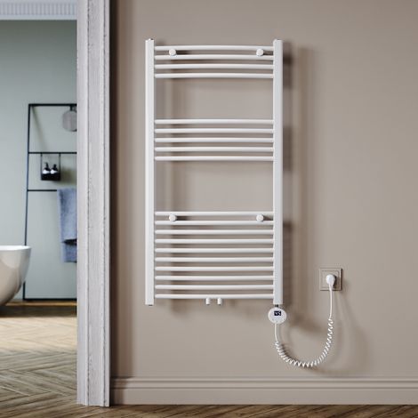 SONNI Badezimmerheizkörper elektrischer Thermostat Handtuchhalter Handtuchtrockner Mittelanschluss weiß gebogen 1150x600m Leistung 600W (1/5)
