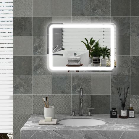 Miroir LED salle de bain 50x70 cm en verre trempé argent, anti-buée, moderne FloraGrace (1/5)