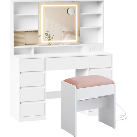 Vasagle – Coiffeuse enfant avec miroir LED – 9 tiroirs – Éclairage 3 couleurs – Miroir grossissant 10x – Rangement bijoux – Design moderne blanc (1/5)