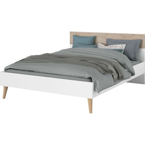 Cama Osaka Dormitorio Matrimonio Estilo Nórdico Color Roble Japonés y Blanco 135-140x190 cm