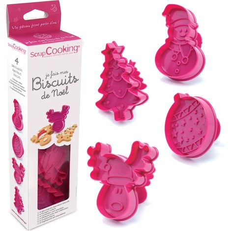 Kit Je Fais mes Biscuits de Noël - 4 Découpoirs Emporte-pièces en 3D avec Poussoirs : Bonhomme de Neige, Boule de Noël, Renne, Sapin – Moules Pâtisserie Plastique avec Éjecteurs - 2031 (1/5)