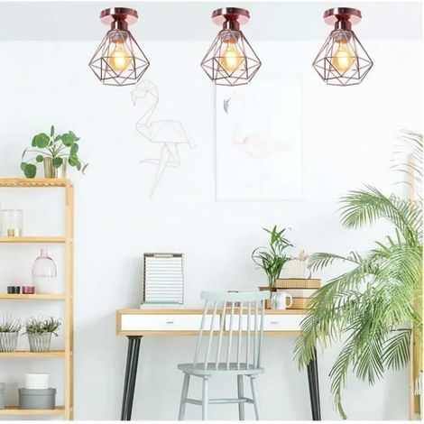 3pcs Plafonnier Industrielle Vintage,Lampe Plafonnier en Cage Métal Rose pour Salon Chambre,ø16cm (1/4)