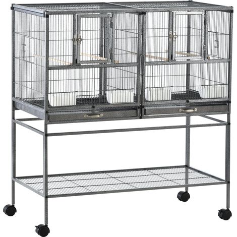 Voliera Doppia Gabbia per Uccelli 95x45,5x102 cm in Metallo con Ruote Grigia (1/5)