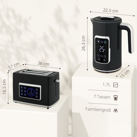 Bouilloire et grille-pain avec écran tactile LED, 1,7 L, 2 fentes, différents modes et fonctions, noir (1/5)