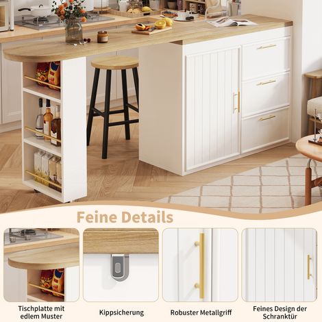 Bar à roulettes pivotant à 360°, étagères réglables et stabilisateur, 3 tiroirs avec rangement latéral, table haute polyvalente pour salle à manger, salon ou bureau à domicile (1/5)