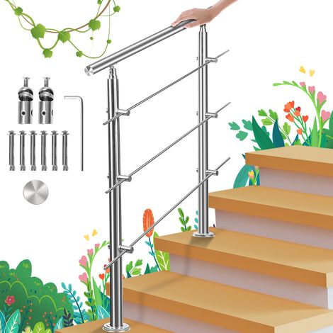 Rampe d'escalier acier inoxydable main courante balustrade Garde-corps argenté 180 cm 3 crossbars