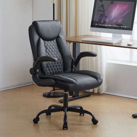 Sedia da ufficio ergonomica in pelle nera con supporto lombare, braccioli ribaltabili, seduta imbottita (1/5)