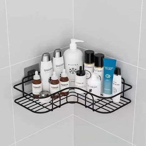 (Triangle Noir) Étagère de salle de bain murale d'angle avec rangement, porte-shampoing, étagère à cosmétiques, panier de douche en fer, organisateur de salle de bain (1/5)