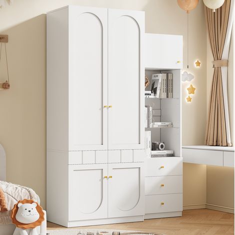 Armario y mueble de almacenaje en MDF blanco, conjunto ahorraespacio con barra, cajones y estantes, 80x50x200 cm + 50x40x180 cm (1/5)