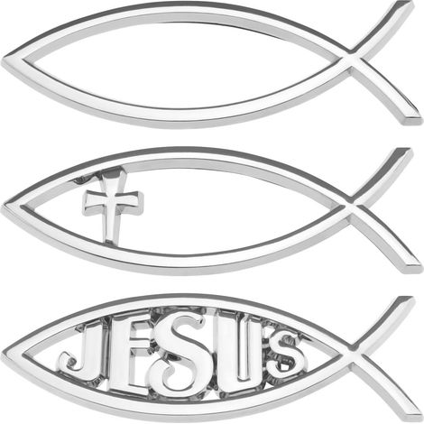 3pcs 3D Fish Jesus Car Stickers, 3 Styles, Christian Cross Metal Fish Emblem for Car Windows, Laptops, Luggage, Refrigerator, Silver (1/5)