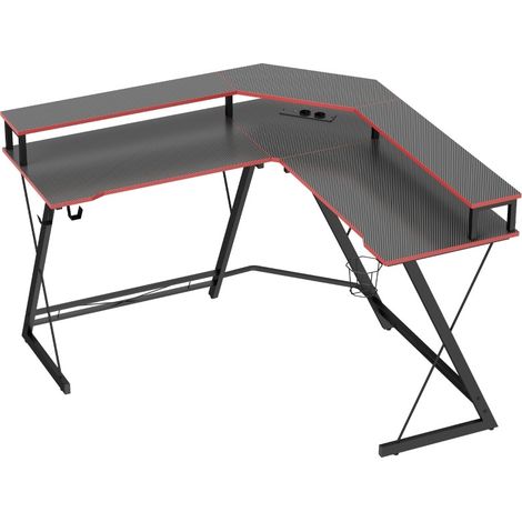 Bureau d'angle en L 128x128 cm avec support double écran, prises intégrées, porte-casque et porte-gobelet (1/5)