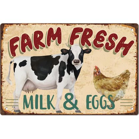 Farm Plaque Metal Vintage Fresh Vache Poulet Plaque Metal Decorative Peinture Fer Décor pour Salle à Manger Ferme Cuisine Affiche Vintage Extérieur Clôture en Bois Décoration (1/5)