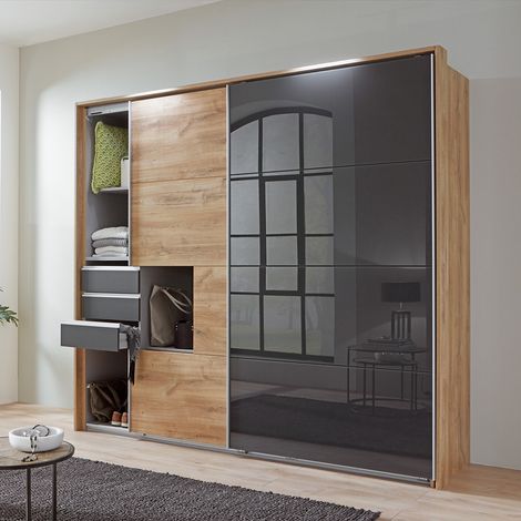 Schwebetürenschrank 2-türig 225cm, inkl. Passepartoutrahmen, Eiche und graphit mit grauem Glas, STRATFORD-43 (1/5)