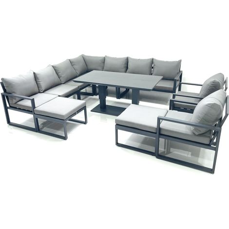 Fimous 11 Seater Outdoor Aluminum Garden Furniture Set Corner Sofa 2 Chair 2 Big Footstools Adjustable Rising Lifting Dining Table Sets Dark Grey (1/5)