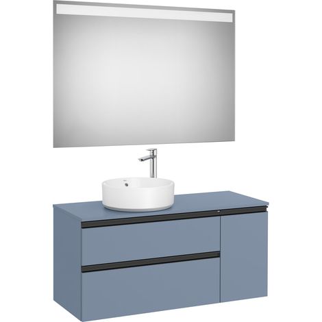 Pack meuble "The gap" 1100 pour vasque à gauche - 2 tiroirs + 1 porte + plan + miroir LED - bleu mat/ poignées noires - Roca (1/2)