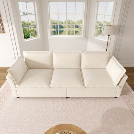 Canapé 3 places 220x81x87 cm en chenille beige avec coussins d'accoudoir, structure métal et assise confortable (1/5)