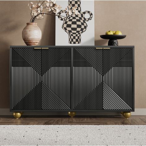 Buffet de rangement 4 portes sculptées, étagères intérieures réglables, MDF noir HAVRYA (1/5)