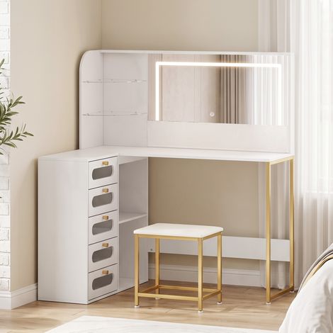Coiffeuse avec miroir LED réglable et tabouret, blanche (1/5)