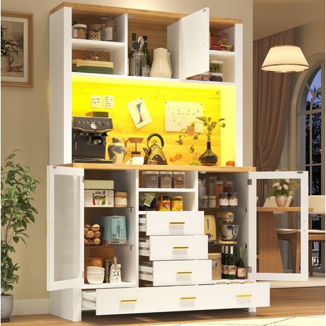 Aparador de cocina 120 x 39,8 x 188 cm con LED, 6 cajones, blanco efecto madera DESVIAE (1/5)