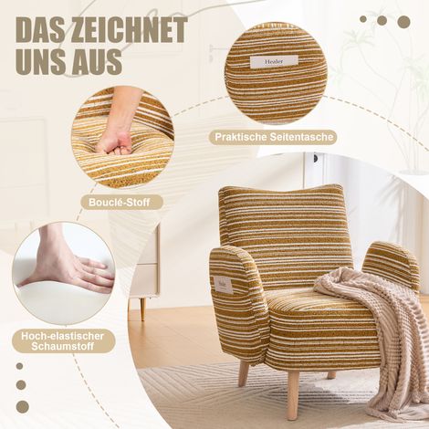 Fauteuil de détente design, revêtu d’un tissu à cercles, avec rangement latéral, piètement en bois massif, fauteuil cosy pour salon, chambre ou bureau (1/4)