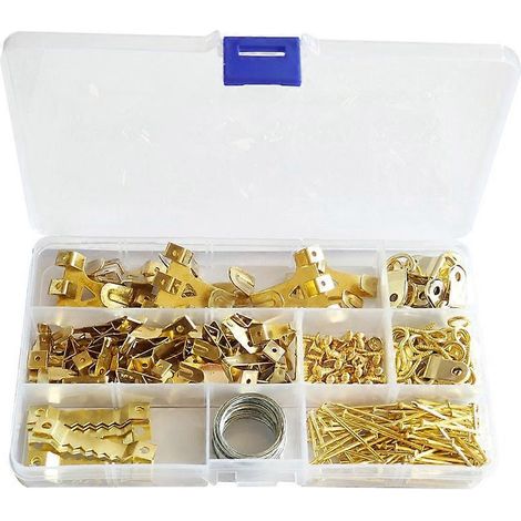 Kit de fixation pour cadres photo (260 pièces) comprenant vis, clous, anneaux en D, œillets à vis, crochets en dents de scie et fils d'acier.-AquaForge