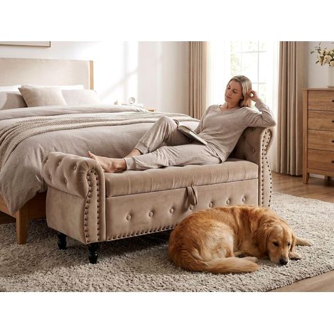 Banquette de Rangement Premium Luxe Bout de Lit en Velours, Marron Ilrrégulière Banquette de Chambre Rembourrée avec Accoudoirs Hauts, Grand Coffre de Rangement pour Chambre, Dressing & Entrée (1/5)