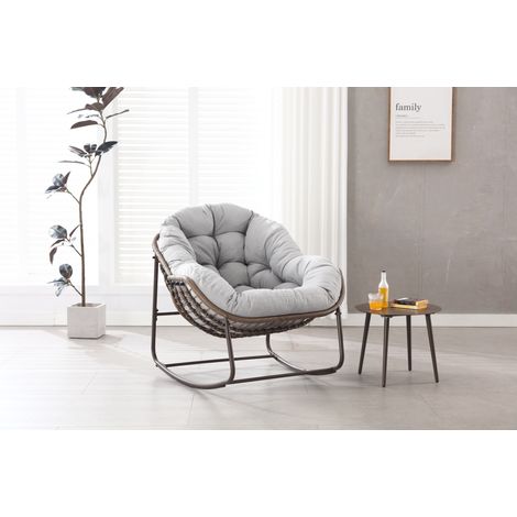 Chaise à bascule d’extérieur œuf en résine tressée avec coussin épais, grande assise, structure métal, gris clair, pour balcon et jardin – CHICFURN (1/5)