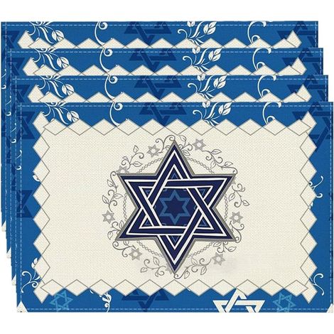 Manteles individuales judíos con forma de menorá para Pésaj, manteles individuales de temporada para Hanukkah, estilo rústico vintage, lavables, juego de 4 (1/5)