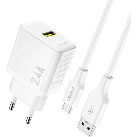 Chargeur mural USB-A avec câble GaN USB-A - USB-C 2,4 A - Blanc (1/3)