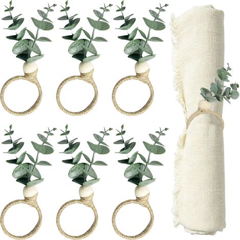 Rond de Serviette de Table, Rond de Serviette Bois, Lot de 6 Anneaux en Forme de Feuilles d'Eucalyptus, Décoration Artisanale pour Mariage et Dîner de Noël, Accessoire de Cuisine Élégant (1/5)