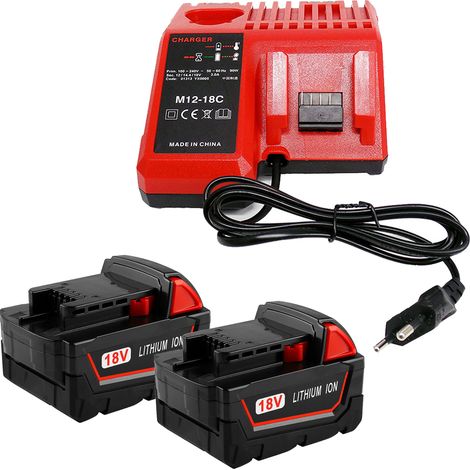 2X Ersatzakku für Milwaukee M18B5 18V 5,0Ah Batterie mit M12-18C Ladegerät, Lithium-Ionen Akkupack für Milwaukee 48-11-1860, 48-11-1850, 48-11-1852, 48-11-1840, 48-11-1822 (1/5)
