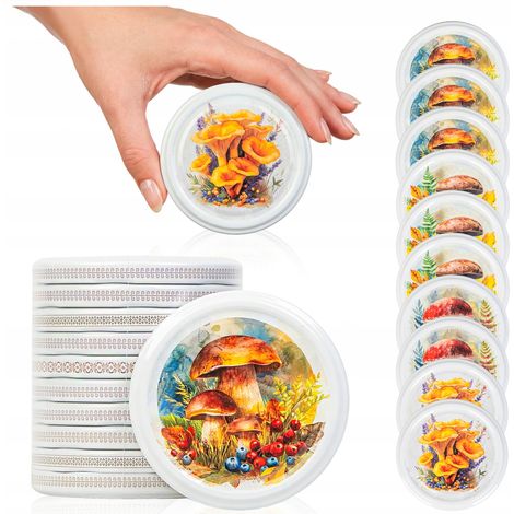 Juego - 10 tapas - diámetro 82 mm para frascos, diseño de SETAS, mezcla de acuarela