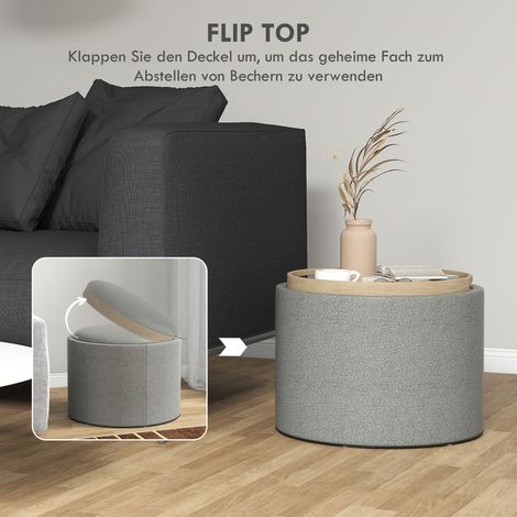 Tabouret de rangement en lin rembourré, coffre avec couvercle réversible, assise grise et naturelle, 56x56x42 cm (1/4)