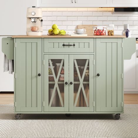 Îlot de cuisine mobile - 120x69x90 cm - sur roulettes - tiroirs - portes de rangement - rangement à vin - plateau rabattable - vert