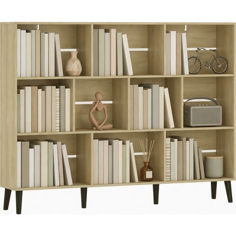 HOMCOM 3-Tier Bookshelf with 10 Cubbies, Book Shelf with Wood Legs, Oak (1/5)