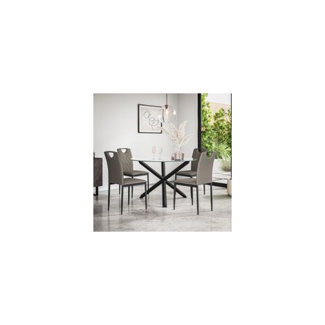Malvern Round Dining Table And Chairs -  Clear Glass Table Top w Solid Oak Black Legs + Monza Faux Leather Dining Chair Set Of 4 (Grey) (1/5)