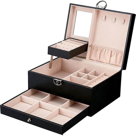 Coffret à bijoux multifonction en cuir PU, grand rangement multi-étages pour colliers et bagues