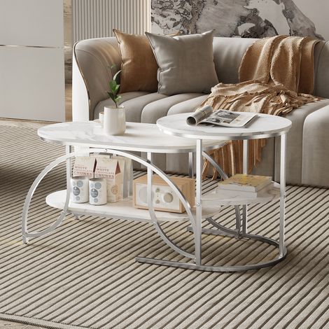 ADWOLT Table basse de salon - Lot de 2 Tables Basses Gigognes - pieds en métal - Table d'appoint en marbre -Argent - Ronde-80 x 46 x 45 cm
